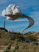 Surrealistische afbeelding van een zwevende trap die uitkomt bij een wolk boven een woestijn met cactussen.