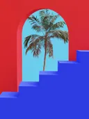 Surrealistische render van een blauwe trap en boog met een palmboom, tegen een rode wand.