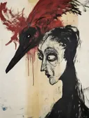 Surrealistische vogel met rode kuif en mensengezicht
