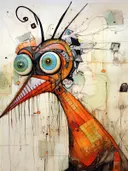 Surrealistische vogel met lange snavel, dieren schilderij