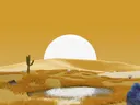 Gestileerde illustratie van een woestijn met cactus, duinen en een waterpoel