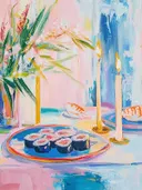 Schilderij van sushi op een bord met brandende kaarsen en bloemen op de achtergrond.