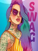 Pop-art portret van een vrouw met tatoeages, zonnebril en het woord Swag