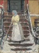 Sweeping Snow van Childe Hassam: figuren met vrouw, sneeuw, trap en winter, in wit met roodbruin