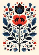 Illustratie van een symmetrisch bloemenpatroon in rood en blauw