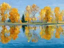 Schilderij van symmetrisch weerspiegelde gouden herfstbomen