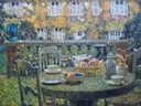 Table d'automne van Henri Le Sidaner: stilleven met tafel, fruit, tuin en servies, in groen met wit