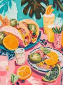 Schilderij van taco's met drakenfruit, sinaasappelschijfjes en een tropische drank op een roze tafel.
