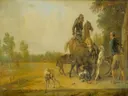 Taferelen uit het leven van de jager: landschap met zwijnenjacht van Paulus Potter: dieren met jacht, honden, ruiter en zwijn, in warm okergeel