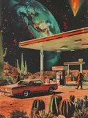 Surrealistisch schilderij van retro tankstation in woestijn met planeet Aarde