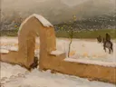 Taos van Akseli Gallen-Kallela: landschap met poort, sneeuw, ruiters en muur, in okergeel en wit