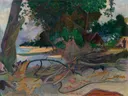 Te burao (The Hibiscus Tree) van Paul Gauguin: landschap met boom, struiken, zee en gras, in groen met okergeel