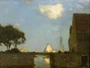 Te Noorden bij Nieuwkoop van Jan Hendrik Weissenbruch: landschap met boom, water, zeilen en muur, in gedempt groen en grijsblauw