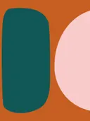 Abstracte compositie van teal en roze organische vormen op een oranje achtergrond