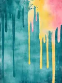 Abstract schilderij met druipende verf in teal, geel en roze