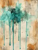 Abstract collageschilderij met teal inktvlekken op verweerd papier