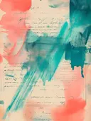 Abstract schilderij met teal en koraalkleurige penseelstreek over handgeschreven briefpapier