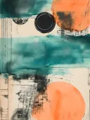 Abstract collage schilderij met grafische cirkels in teal, oranje en zwart op krantenpapier