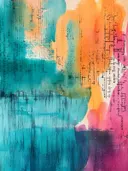 Abstract schilderij met teal en oranje penseelvlakken met roze en paarse accenten