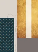 Grafisch schilderij met teal stippen en gouden strepen