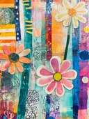 Bloemencollage met oranje en roze bloemen op gestreepte turquoise achtergrond