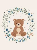 Schilderij van een teddybeer omringd door een bloemenkrans
