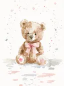 Aquarel illustratie van een teddybeer met een roze strik op een witte achtergrond