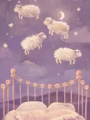 Schilderij van springende schaapjes in een paarse sterrenhemel boven een wieg