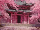 Schilderij van een tempel omgeven door dichte, diepe kersenbloesems