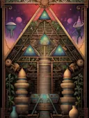 Sierlijke kosmische tempel met glas-in-lood piramide