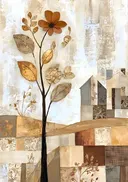 Schilderij van een terracotta bloem met landelijk tafereel