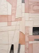 Abstracte compositie met roze, crème en terracotta rechthoekige vlakken.