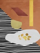 Abstract art deco schilderij met terracotta vlakken en gouden bladtak
