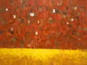 Abstract schilderij met het paletmes in terracotta en citroengeel
