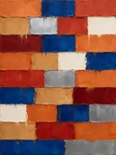 Abstract schilderij met het paletmes in terracotta en kobalt
