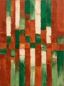 Terracotta en smaragd in kolommen, abstract schilderij met het paletmes