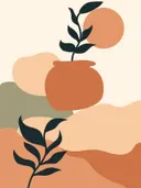 Illustratie van een terracotta vaas met plantentak tegen een abstracte achtergrond