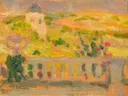 Terras in Gerberoy van Henri Le Sidaner: landschap met terras, balustrade, bloemen en tuin, in warm oranje en geel