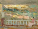 Terras in Gerberoy van Henri Le Sidaner: landschap met terras, balustrade, bloemen en tuin, in warm oranje en geel
