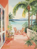 Schilderij van een terras met houten stoelen tussen palmbomen met uitzicht op een baai.