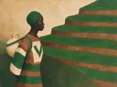 Schilderij van terrassen in de heuvels in dennengroen en klei, in vlakke kleurvlakken