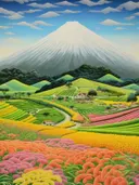 Landschap met kleurrijke terrasvelden, een dorpje en de berg Fuji
