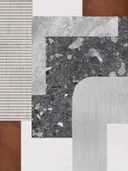 Abstract schilderij met terrazzo blokken in terracotta en grijs
