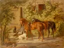 Terug van de jacht van Albrecht Adam: dieren met paarden
