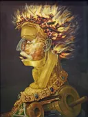 The allegory of Fire van Giuseppe Arcimboldo: portret met kop van vuur, vlammen, kanon en allegorie, in goud en vuurrood