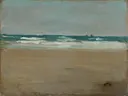 The Angry Sea, 1883 or 1884, F1904.76a c van James McNeill Whistler: zee met golven, branding, strand en wolken, in gedempt blauwgroen en zand