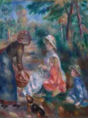 The Apple Seller van Pierre-Auguste Renoir: figuren met vrouw, kinderen, mand en gras, in zacht roze en blauw