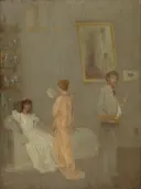 The Artist in His Studio van James McNeill Whistler: interieur met atelier, schilder, modellen en schilderij, in gedempt grijs en wit