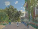 The Artist's House at Argenteuil van Claude Monet: landschap met huis, tuin, pad en bloemen, in groen met blauw