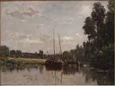 The Barges van Charles-Francois Daubigny: landschap met rivier, schepen, bomen en wolken, in gedempt groen en grijs